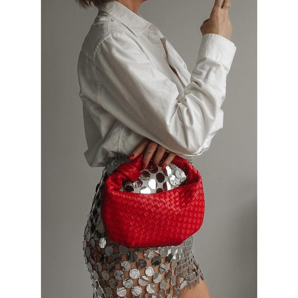 NEW Melie Bianco Drew Red Woven Vegan Leather Hobo Bag Top Handle Y2K Minimalist - Picture 5 of 8